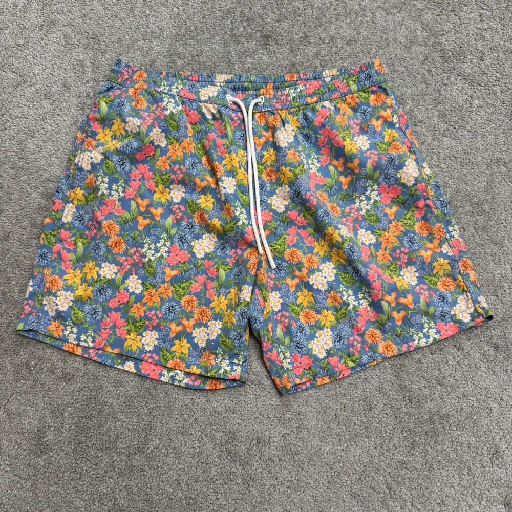 Zara Swim Trunks Men Large Blue Floral Mesh Elastic Waist Drawstring Quick‑Dry